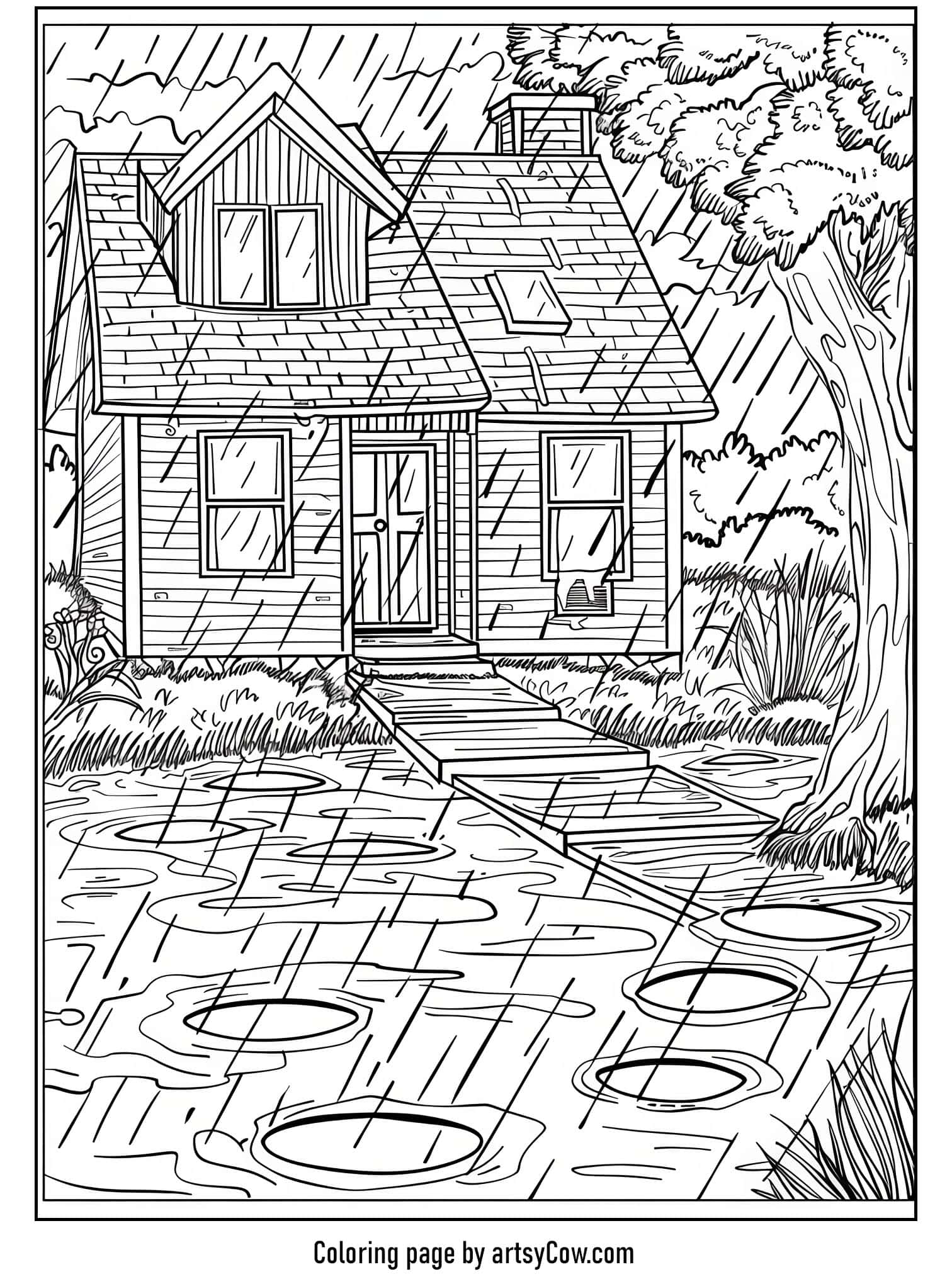 a cozy cottage with a detailed rainy landscape including puddles, trees, and rain